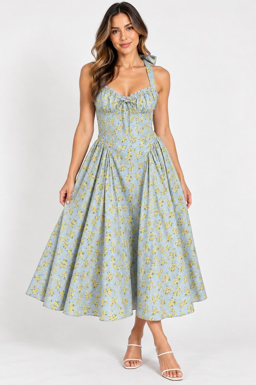 House of CB Adabella Blue Vintage Floral Print Cotton Halter Sundress Medium